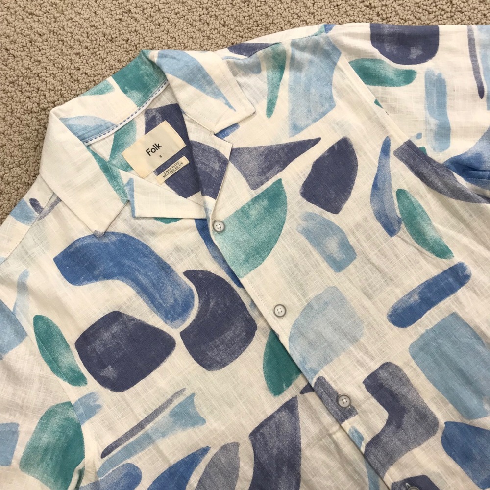 Folk Mens Abstract Print Linen Blend Short Sleeve Button Down Shirt Blue Small